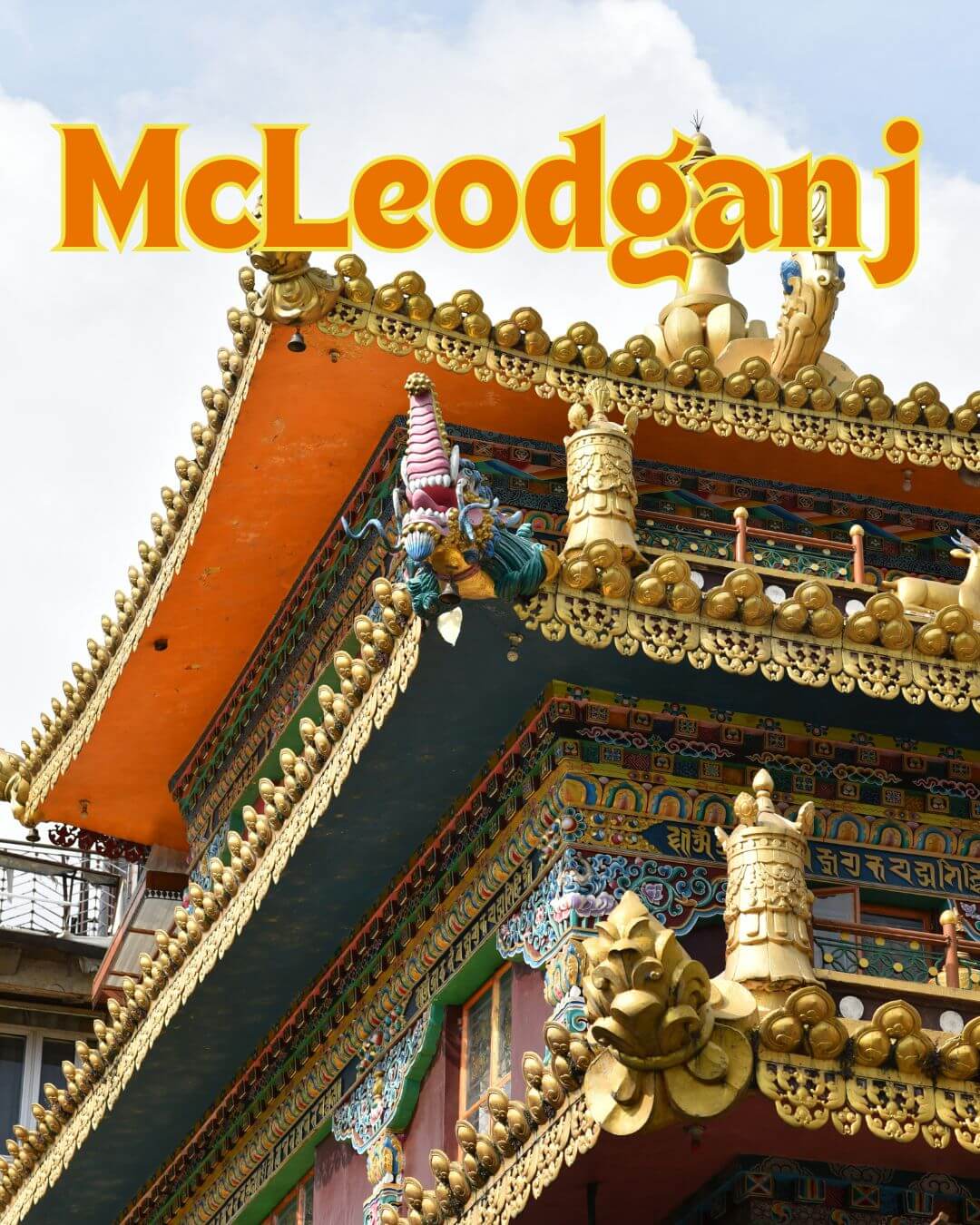 Ornate golden roof detail of the Tsuglagkhang monastery in McLeodganj