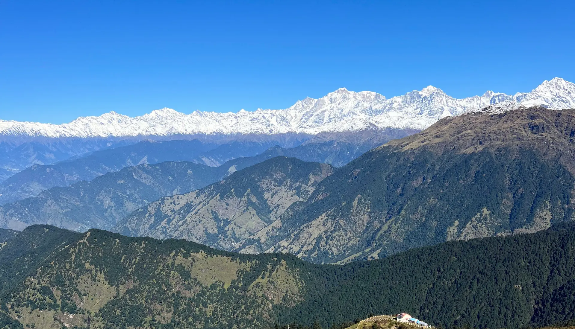 Panoramic Himalayan range seen from the Chandrashila ridge