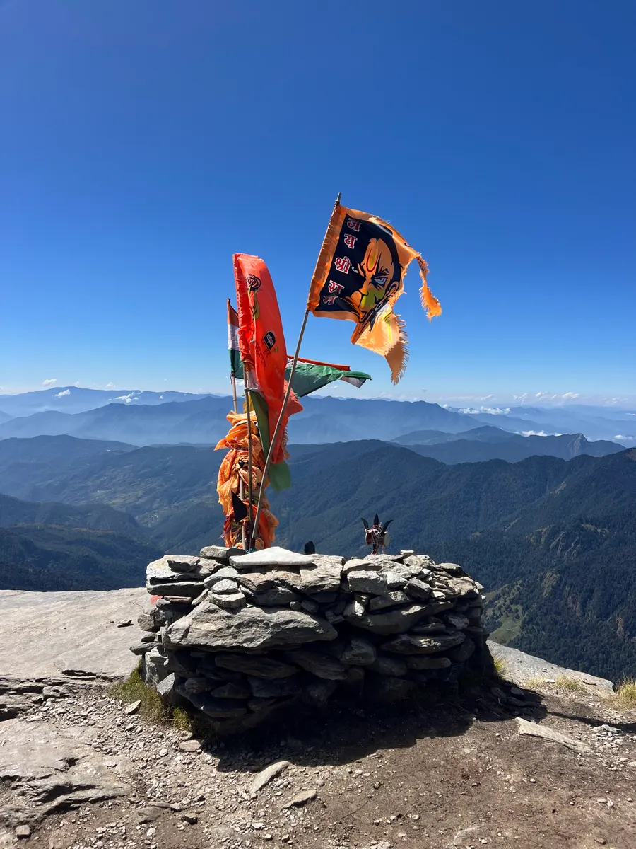 Prayer flags at the Chandrashila summit cairn