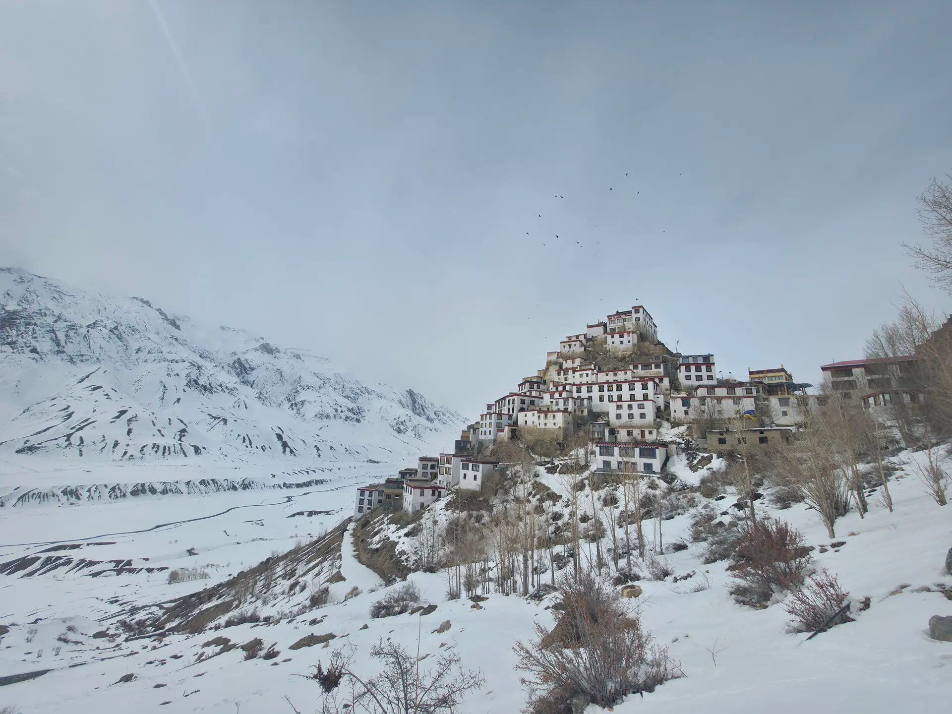 Key Monastery dusted in snow above the frozen Spiti valley