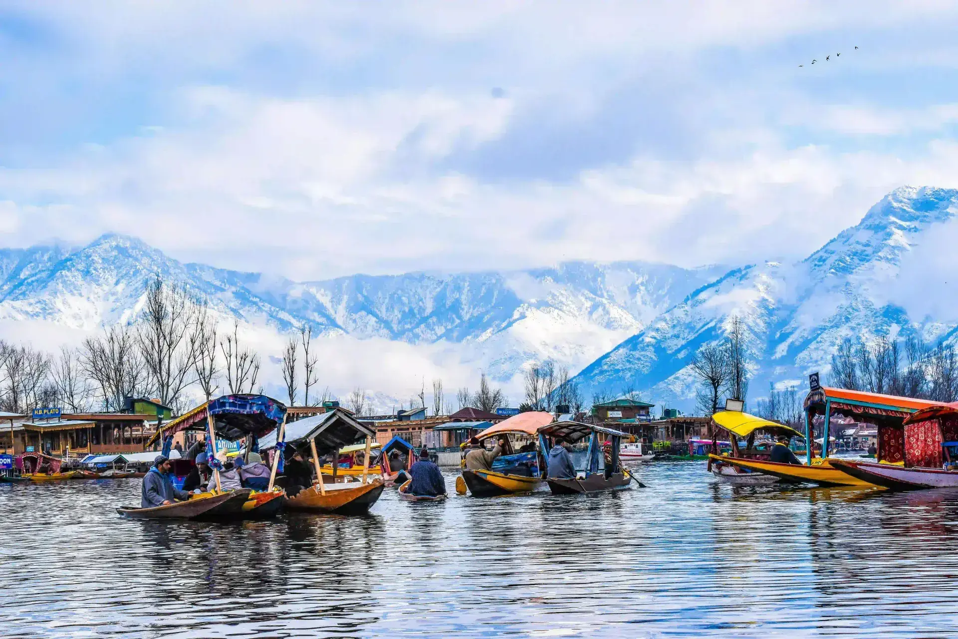 Dal Lake shikara ride against the Srinagar skyline