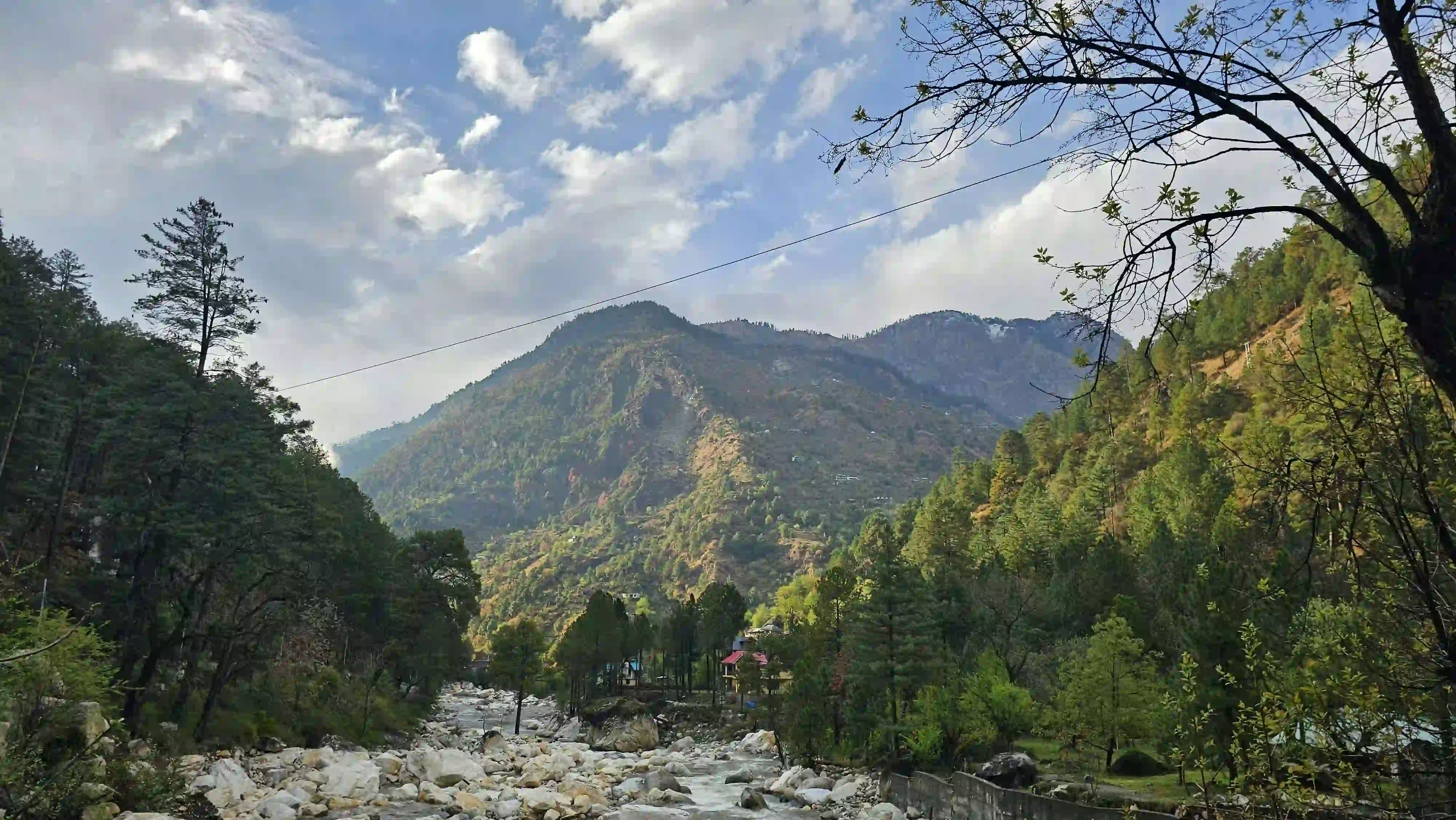 Tirthan Valley river winding through green hills