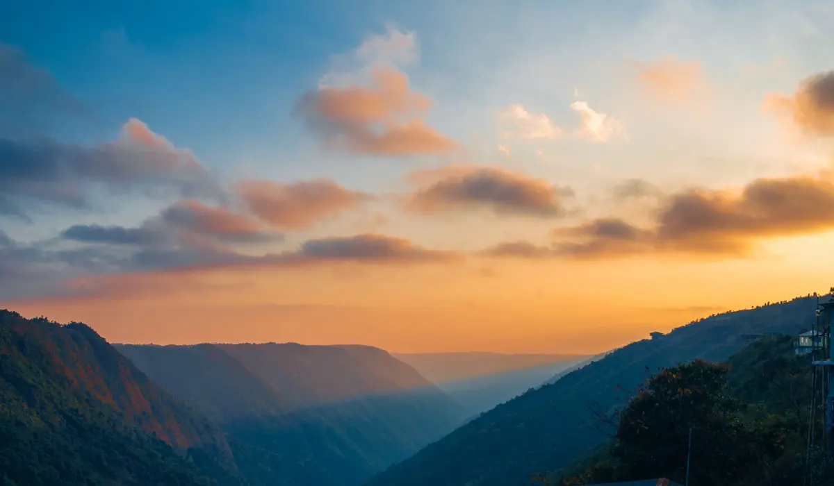Sunset colours spreading across the Khasi Hills valley