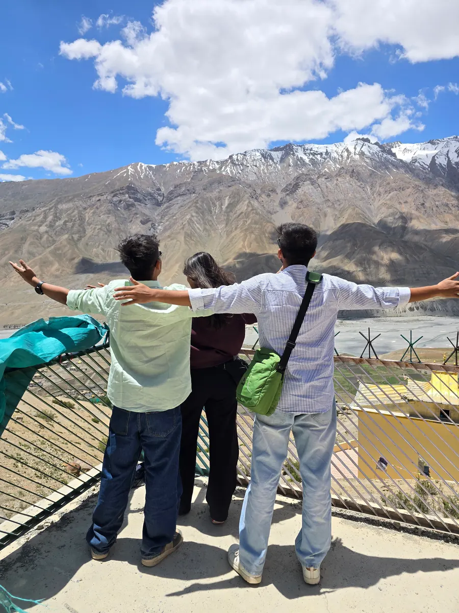 Travellers taking in the view near Key Monastery, Spiti Valley